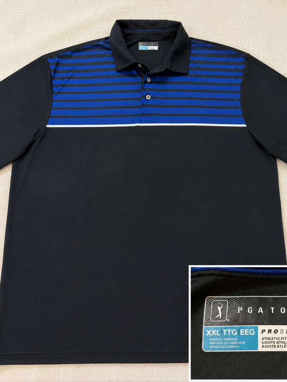PGA Tour Pro Series men’s golf polo, size XXL. Black with a royal-blue striped